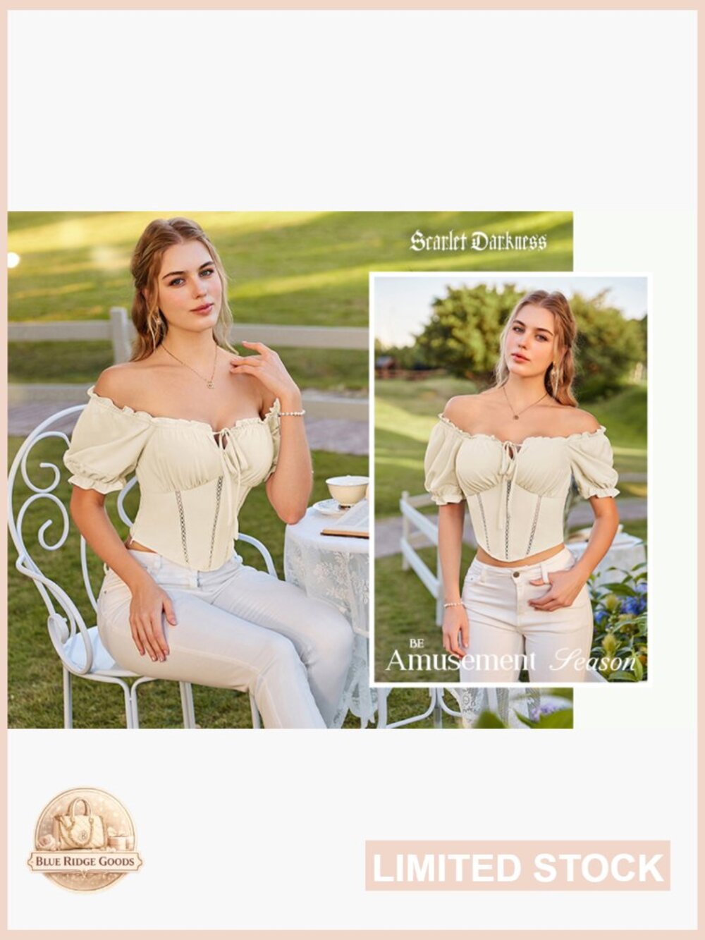 Vintage Corset Top with Puff Sleeves Renaissance Off Shoulder Blouse Peasant - Picture 7 of 7